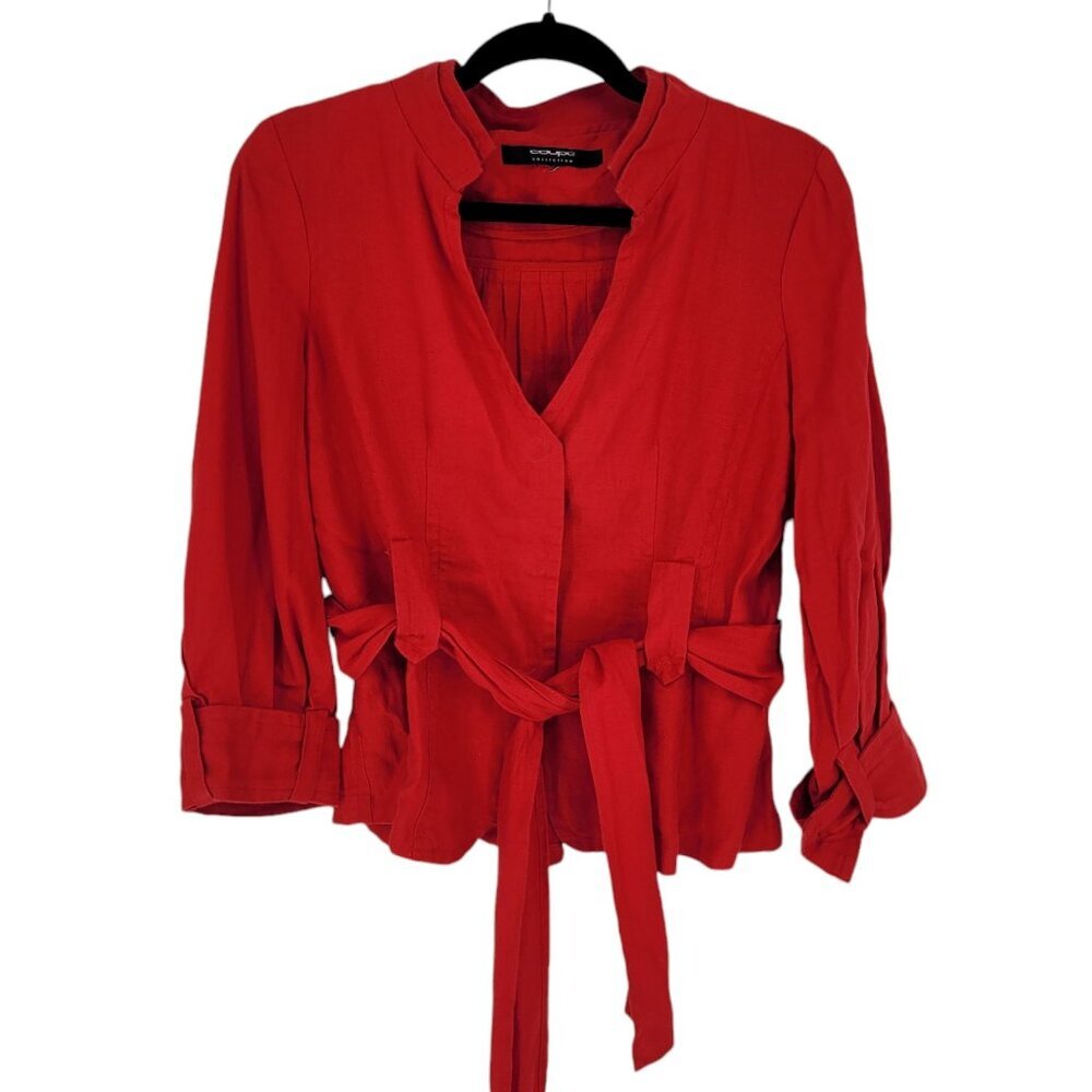 Coupe collections womens medium red linen snap shacket attached tie belt pleated